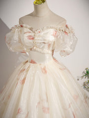 Homecoming Dress Ideas, Champagne Floral Tulle Long Prom Dress, Beautiful Short Sleeve A-Line Evening Party Dress