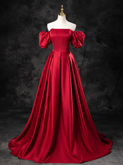 Prom Dress Styles, Burgundy Satin Off the Shoulder Formal Dress, A-Line Burgundy Evening Dress