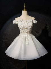 Prom Dresses Chicago, White Flowers Lace Short Prom Dress, Lovely A-Line Evening Party Dress