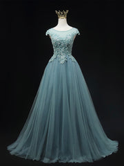 Bridesmaid Dress Styles, Blue Scoop Neckline Tulle Lace Long Prom Dress, Beautiful Lace Formal Evening Dress