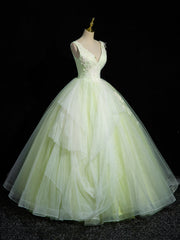 Party Dresses For Teenage Girl, Green V-Neck Tulle Lace Long Prom Dress, A-Line Sleeveless Evening Dress