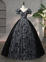 Party Dress Sales, Beautiful Black Rhinestone Flower Prom Dress, Black V-Neck Short Sleeve Evening Dress