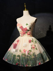 Mafia Dress, Champagne Scoop Neck Short Prom Dress with Flowers, Cute A-Line Party Dress