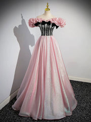 Party Dress Outfit Ideas, A-Line Shiny Tulle Long Pink Corset Prom Dress, Off the Shoulder Pink Evening Dress