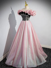 Party Dresses Outfits Ideas, A-Line Shiny Tulle Long Pink Corset Prom Dress, Off the Shoulder Pink Evening Dress