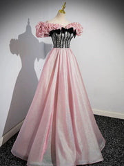 Party Dresses Outfit Ideas, A-Line Shiny Tulle Long Pink Corset Prom Dress, Off the Shoulder Pink Evening Dress