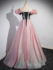 Party Dress Outfits Ideas, A-Line Shiny Tulle Long Pink Corset Prom Dress, Off the Shoulder Pink Evening Dress