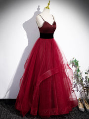 Prom Dress Outfits, Burgundy Spaghetti Strap Tulle Long Corset Prom Dress, A-Line Evening Party Dress