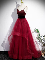 Prom Dress Boho, Burgundy Spaghetti Strap Tulle Long Corset Prom Dress, A-Line Evening Party Dress