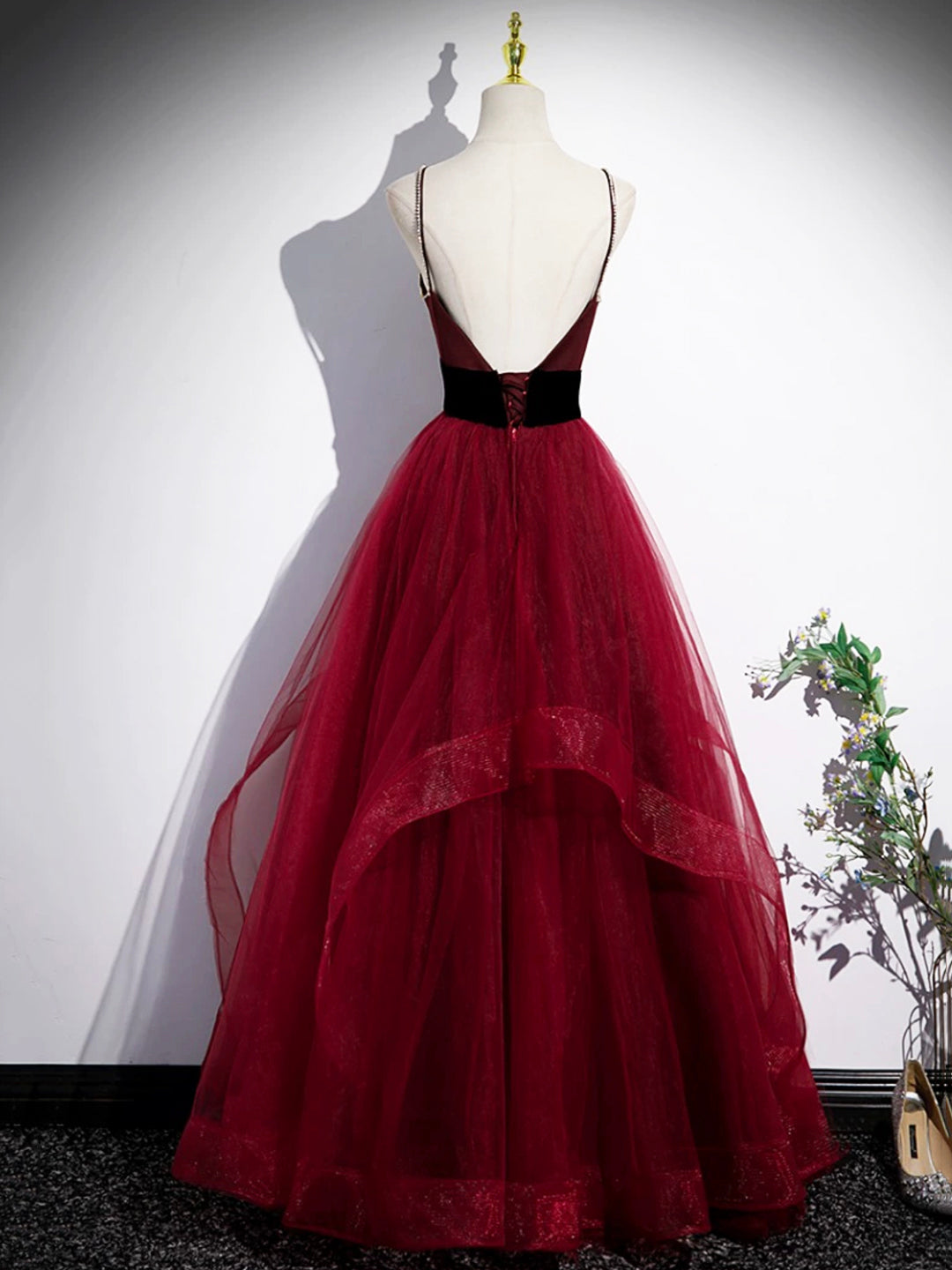 Prom Dress Outfit, Burgundy Spaghetti Strap Tulle Long Corset Prom Dress, A-Line Evening Party Dress