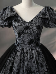 Party Dresses Sale, Beautiful Black Rhinestone Flower Prom Dress, Black V-Neck Short Sleeve Evening Dress