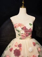 Engagement Dress, Champagne Scoop Neck Short Prom Dress with Flowers, Cute A-Line Party Dress