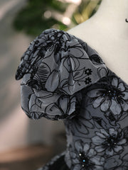Party Dress Dresses, Beautiful Black Rhinestone Flower Prom Dress, Black V-Neck Short Sleeve Evening Dress