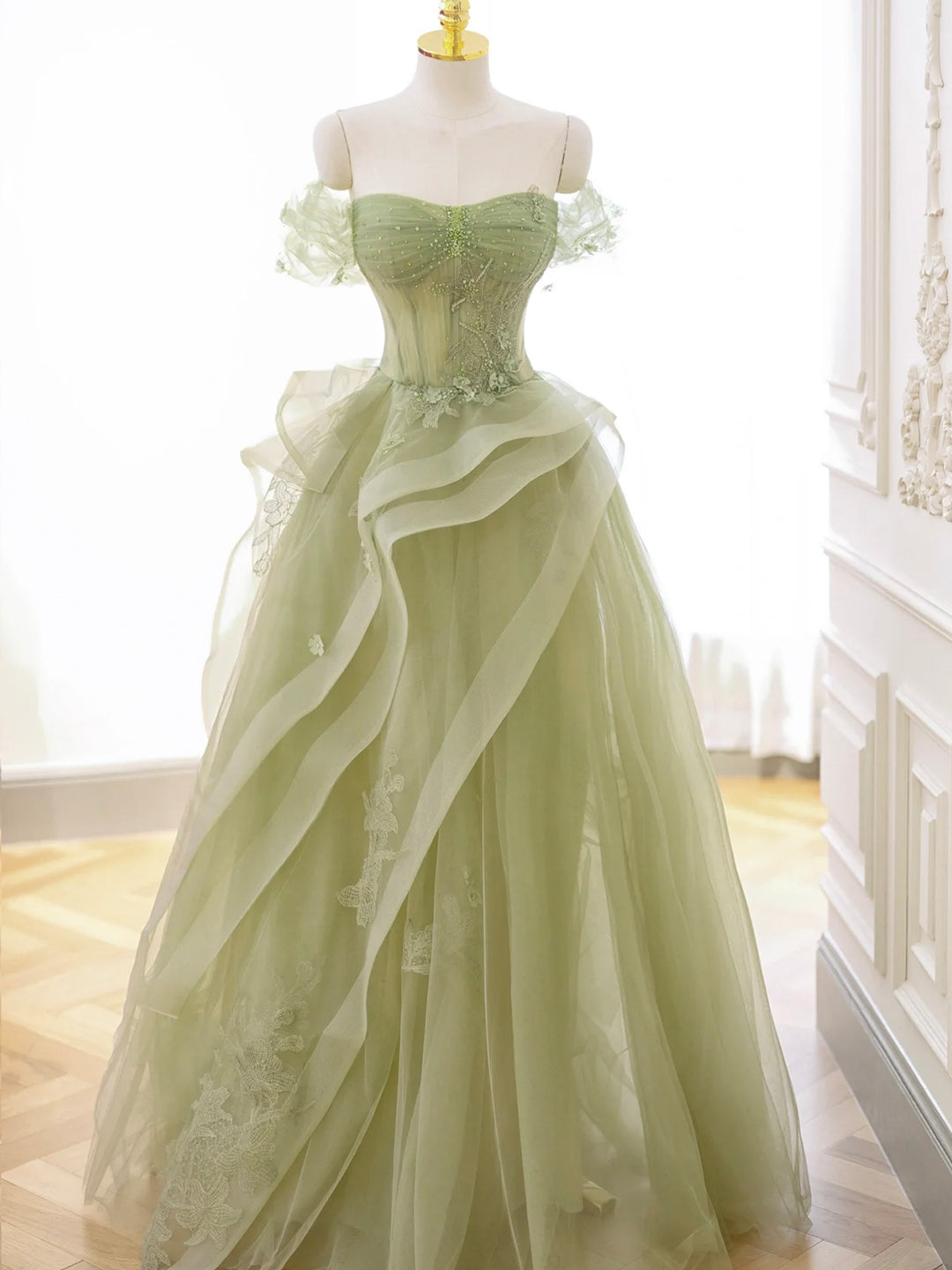 Party Dress Bling, Green Tulle Long Floor Length Prom Dress, Beautiful A-Line Evening Party Dress with Lace