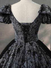 Party Dress Dress, Beautiful Black Rhinestone Flower Prom Dress, Black V-Neck Short Sleeve Evening Dress