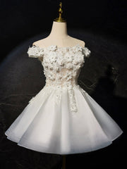 Prom Dress Glitter, White Flowers Lace Short Prom Dress, Lovely A-Line Evening Party Dress