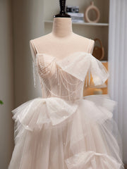 Party Dress A Line, Light Champagne Tulle Long Princesse Dress, Lovely Spaghetti Straps Evening Party Dress