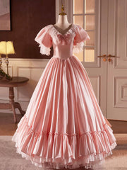 Garden Wedding, Pink Satin Lace Long Prom Dress, Beautiful A-Line V-Neck Evening Dress