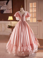 Wedding Photo Ideas, Pink Satin Lace Long Prom Dress, Beautiful A-Line V-Neck Evening Dress