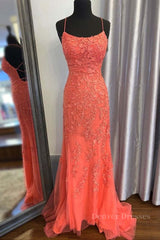 Prom Dresses With Pockets, Mermaid Backless Orange Lace Long Prom Dress, Mermaid Orange Lace Formal Dress, Orange Lace Evening Dress