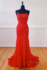 Formal Dressing For Ladies, Mermaid Backless Red Lace Long Prom Dresses, Mermaid Red Formal Dresses, Red Lace Evening Dresses