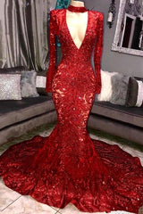 Red Dress, Mermaid High Neck Long Sleeves Prom Dress