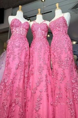 Homecoming Dresses 2046, Mermaid Hot Pink Lace Long Prom Dress, Long Hot Pink Formal Graduation Evening Dress