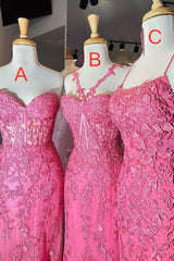 Homecoming Dresses Short Prom, Mermaid Hot Pink Lace Long Prom Dress, Long Hot Pink Formal Graduation Evening Dress