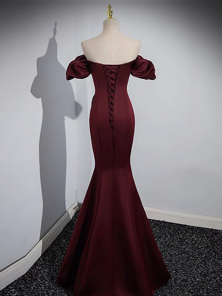 Prom Dress Shops Nearby, Mermaid off Shoulder Satin Burgundy Long Prom Dress, Burgundy Formal Dress