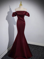 Prom Dress Corset, Mermaid off Shoulder Satin Burgundy Long Prom Dress, Burgundy Formal Dress