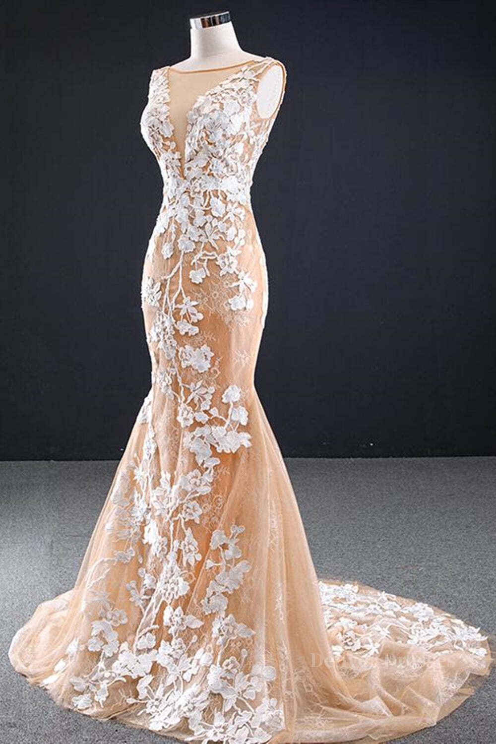 Sundress, Mermaid Open Back Champagne Lace Long Prom Dresses, Champagne Lace Formal Dresses, Champagne Evening Dresses