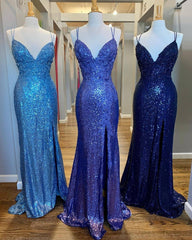 Formal Dress For Winter, Mermaid Purple Sequins Long Prom Dress with Slit,Navy Blue Evening Party Gowns