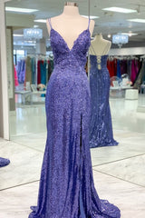 Formal Dresses For Winter, Mermaid Purple Sequins Long Prom Dress with Slit,Navy Blue Evening Party Gowns