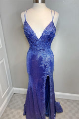 Formal Dress Winter, Mermaid Purple Sequins Long Prom Dress with Slit,Navy Blue Evening Party Gowns