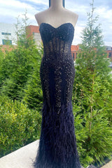 Party Dress Brown, Mermaid Strapless Sequin-Embroidered Long Prom Dress with Feathers