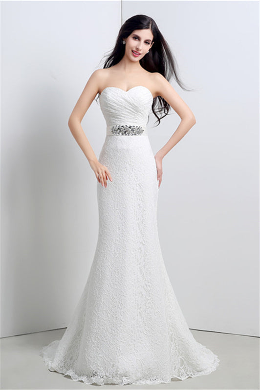 Wedding Dress Elegant Simple, Mermaid Sweetheart Lace Rhinestone Long Wedding Dresses