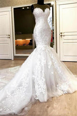 Wedding Dress Tulle Lace, Mermaid Sweetheart Long Train Tulle Crochet Flower Wedding Dress