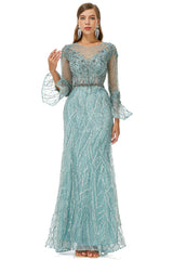 Bridesmaid Dress Vintage, Mermaid Tulle Beading Long Sleeve Prom Dresses