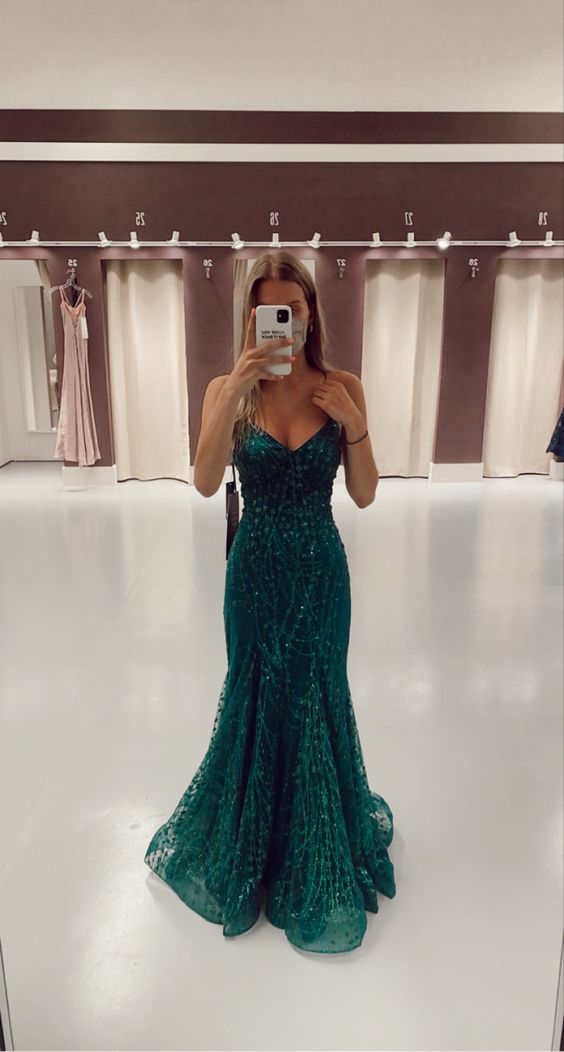 Prom Dresses Piece, Mermaid V Neck Dark Green Prom Dress Stunning Evening Dress