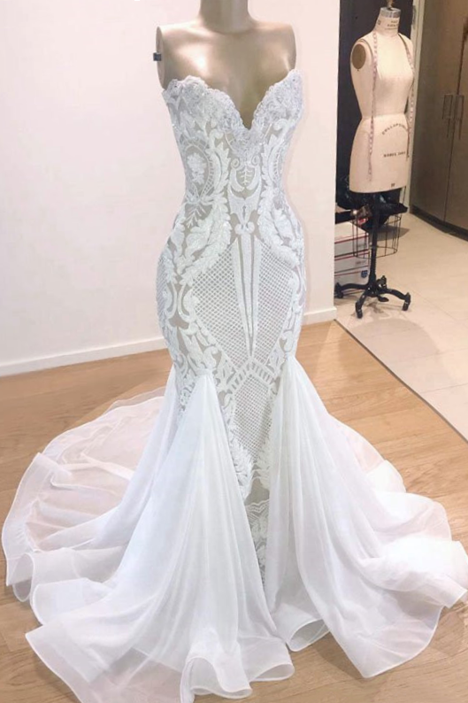 Wedding Dress Lace Simple, Mermaid V-neck Floor Length Sleeveless Tulle Applique Wedding Dress