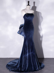 Wedding Ideas, Mermaid Velvet Blue Long Prom Dresses, Blue Velvet Long Evening Dress