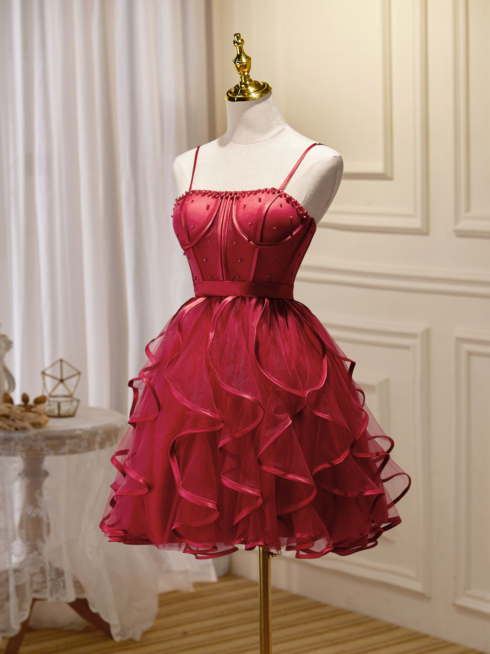 Party Dress Lace, Mini/Short Burgundy Prom Dress,  Puffy Cute Burgundy Homecoming Dress