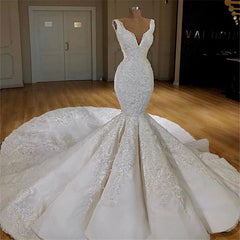 Wedding Dress Simple Lace, Modern Mermaid Lace Wedding Dresses Online Straps Luxurious Bridal Gowns with Long Train