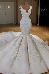 Wedding Dresses Lace Tulle, Modern Mermaid Lace Wedding Dresses Online Straps Luxurious Bridal Gowns with Long Train