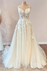 Wedding Dresses Trends, Modest Long A-line Spaghetti Straps Tulle Wedding Dress with Appliques Lace