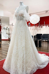 Wedding Dresses Sales, Modest Long A-line Sweetheart Tulle Lace Appliques Wedding Dress with Sleeves