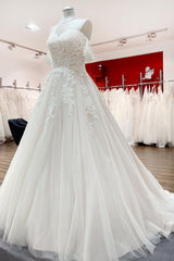 Wedding Dresses Flowers, Modest Long Princess Off The Shoulder Tulle Lace Wedding Dress