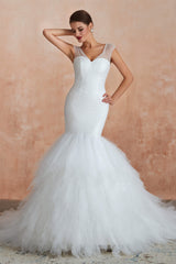 Weddings Dresses Uk, Multi-Tiered Lace-Up Mermaid Wedding Dresses with Chapel Train