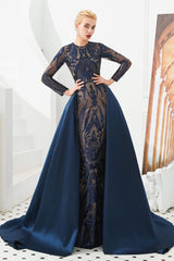 Evenning Dresses Short, Long Sleeves Mermaid Detachable Train Prom Dresses with Train Sequined