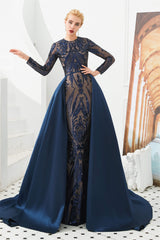Evening Dresses Ball Gown, Long Sleeves Mermaid Detachable Train Prom Dresses with Train Sequined
